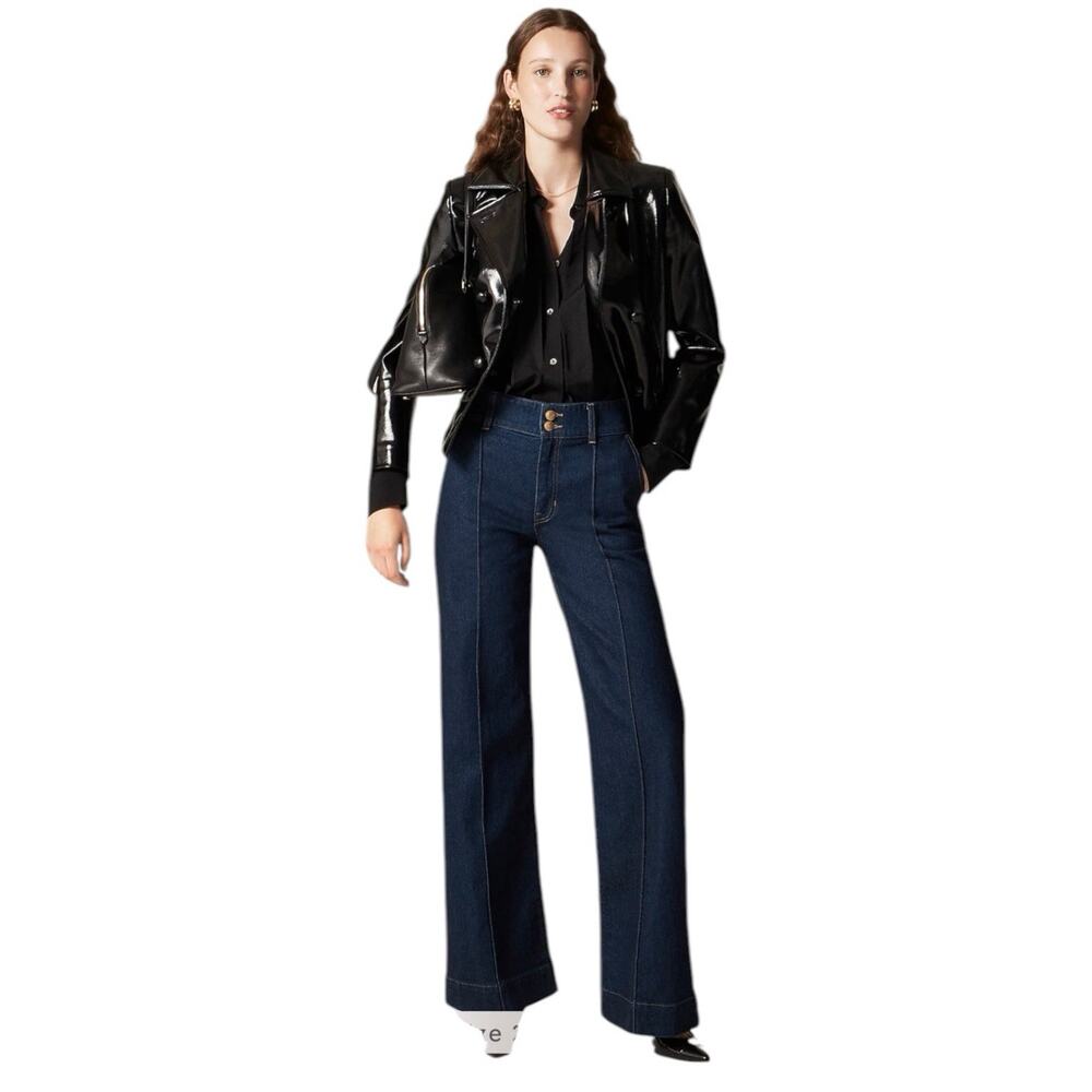 J Crew Women Size 33 Dark wash Denim Trouser Wide Straight leg Stacked Buttoms